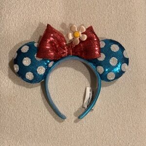 Disney Blue and Whites Polka Dot Minnie Mouse Ears with Pink Bow